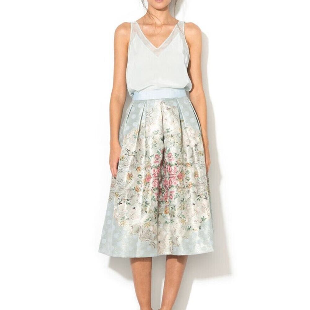 TED BAKER Floral Print Pleated Glitter Skirt Size 4 in Kikey Patchwork